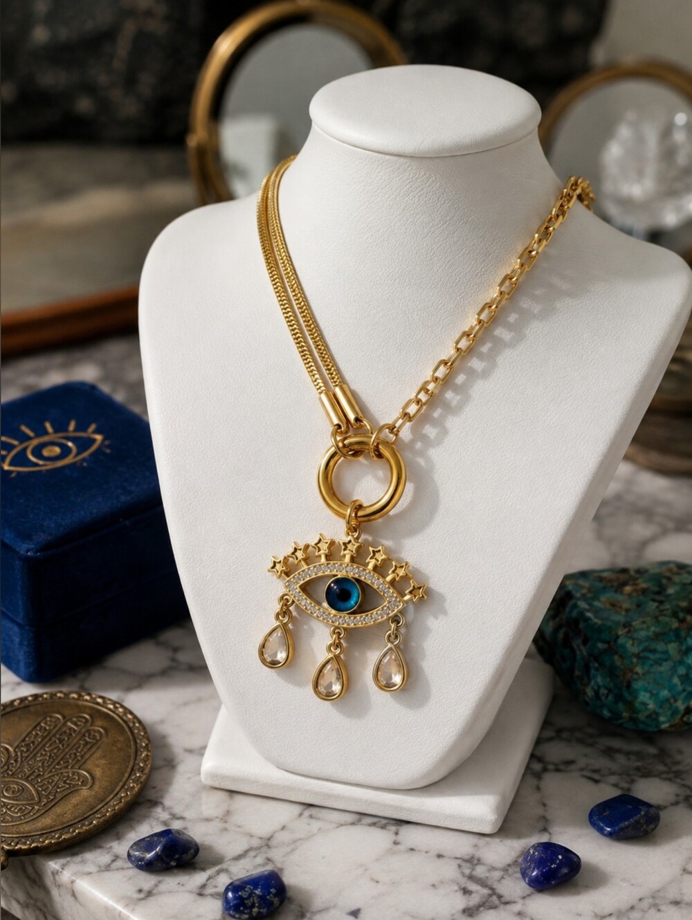 18K Gold Plated Stainless Steel Evil Eye Necklace Blue CZ Mediterranean 16"